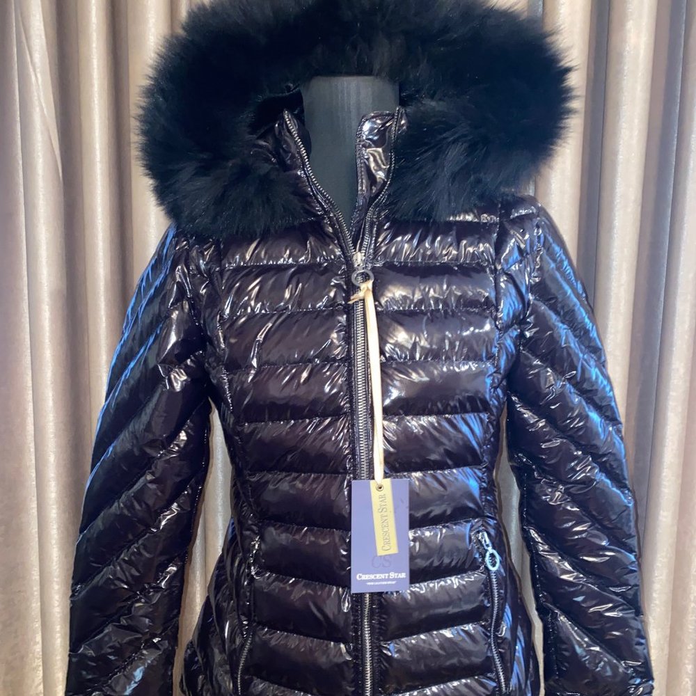NEW Shiny Black Puffer Jacket Sizes S,M Real Fox Fur Hood Faux Down Coat